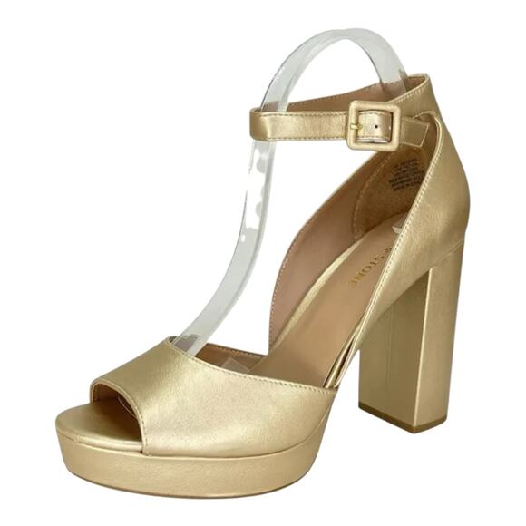 Sun + Stone Women's Reemaa Peep Toe Block Heel Platform Sandals Gold Size 10 - Picture 1 of 4